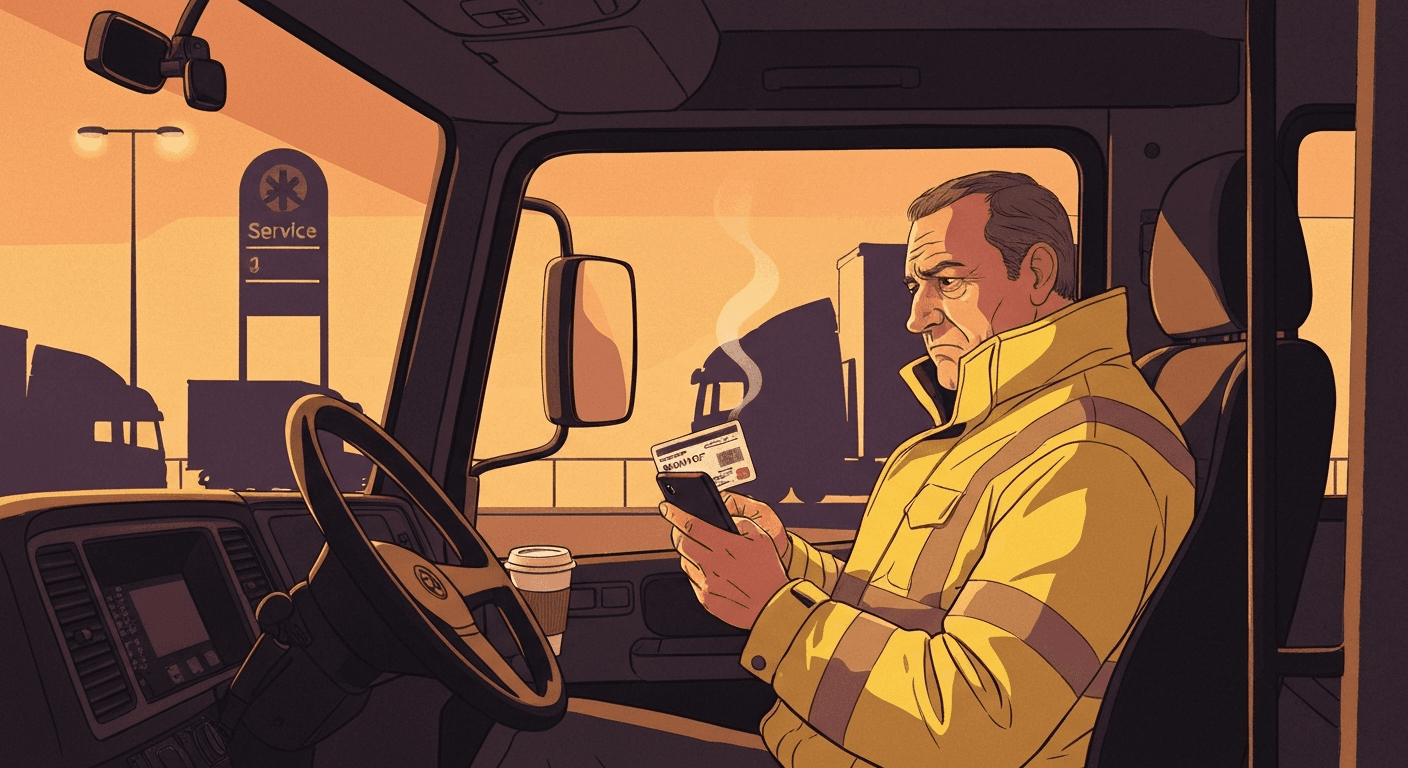 Illustration for 24,000 UK lorry drivers a month look up their training hours. The government shows the number, then leaves them stuck.